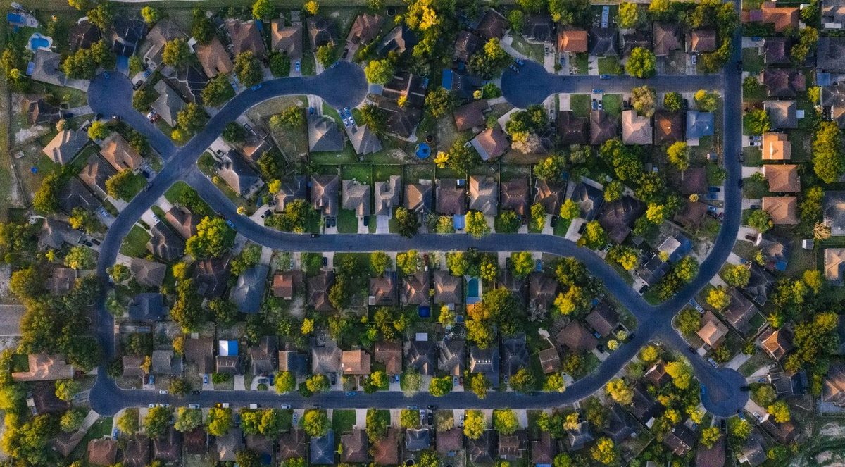 Aerial view of a suburban neighborhood in Richardson, TX
