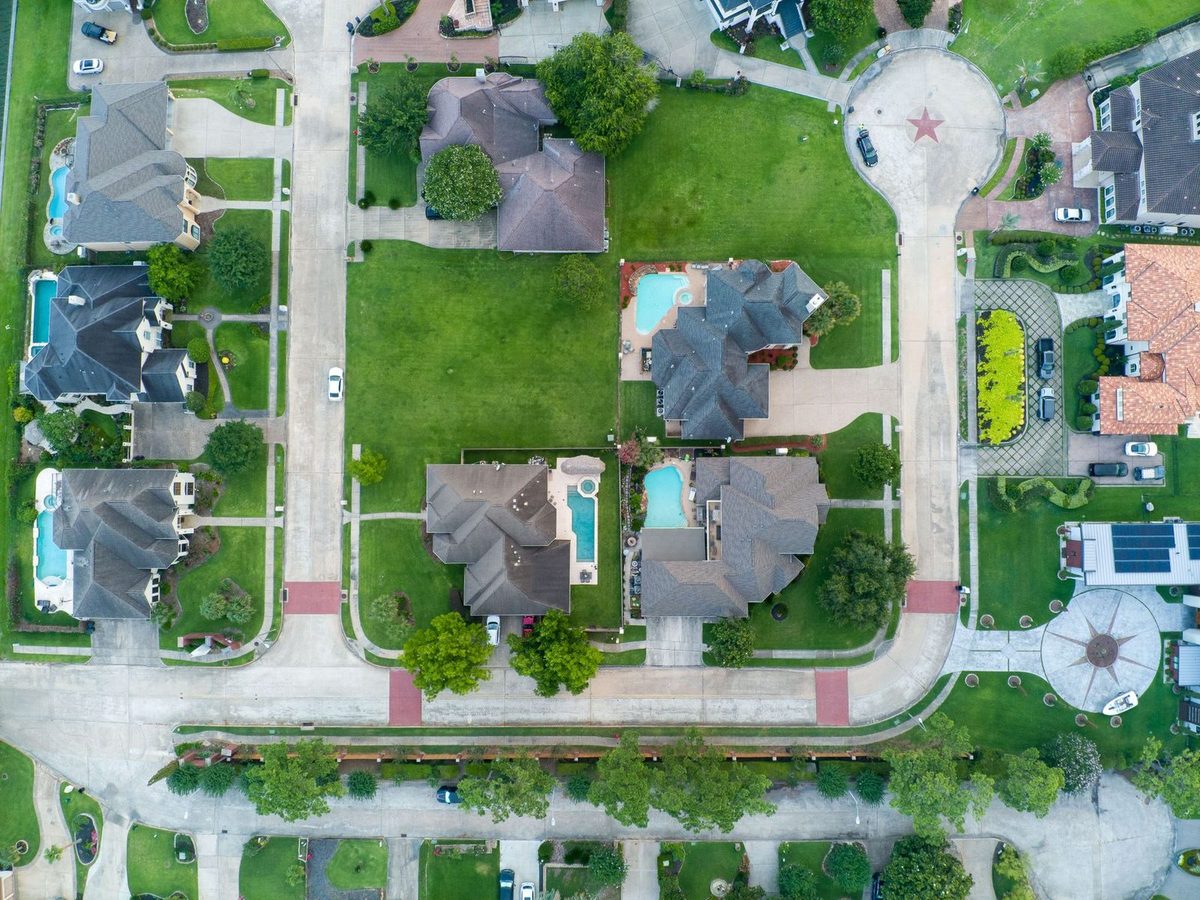Texas suburban neighborhood aerial view in Plano, TX